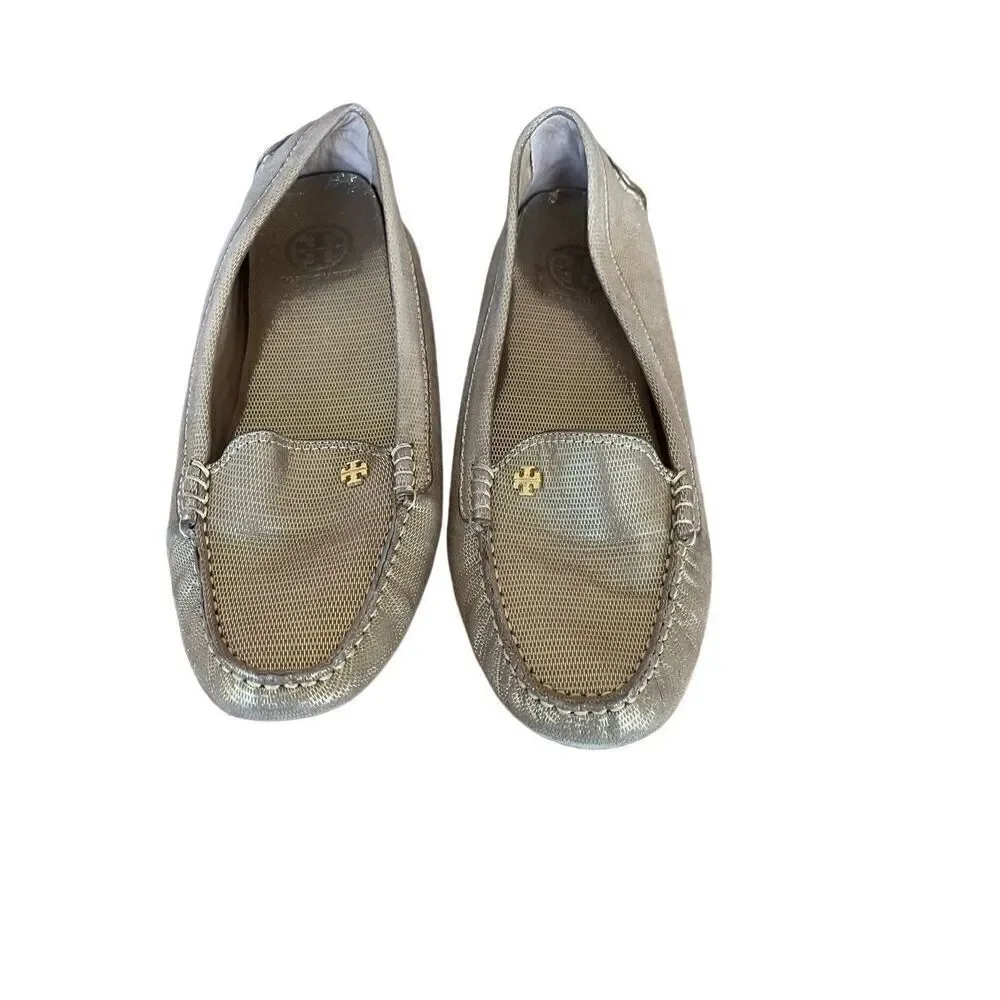 Tory Burch Womens Gold Metallic Almond Toe Slip On Flat Loafer Size 8.5